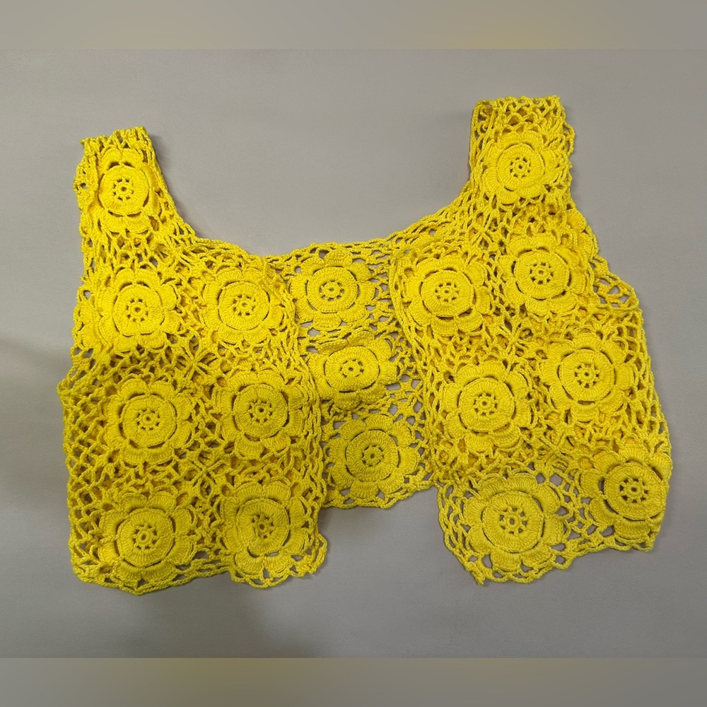Ooak flower crochet cotton handmade cropped vest size medium yellow boho